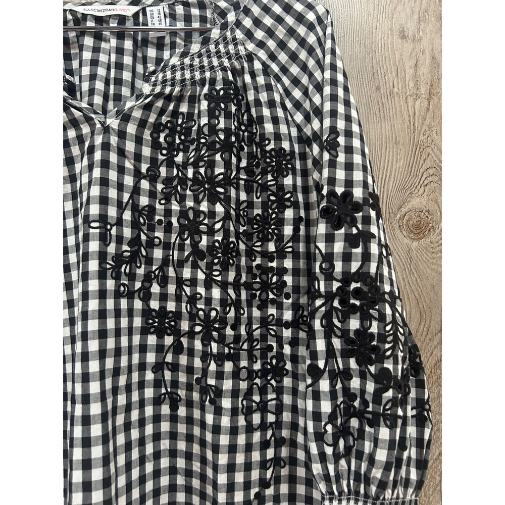 Isaac Mizrahi Live! Women 12 Black Gingham Floral Embroidered 3/4 Sleeve Top - Picture 5 of 6